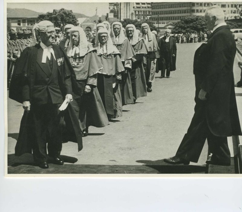 Walter, far left in the wig and black gown, leading the judges towards Parliament on 12 January 1954