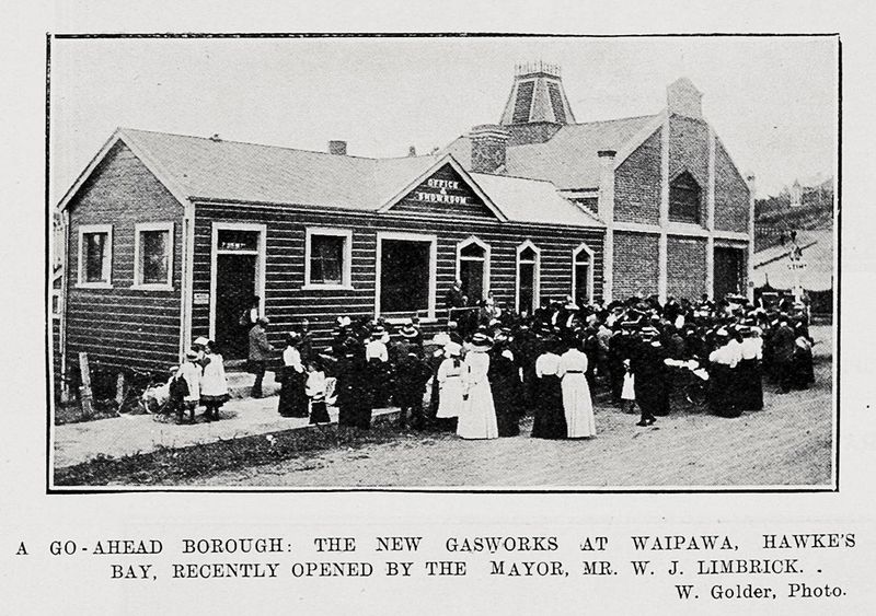 A go-ahead borough: the new Waipawa gasworks, opened by Mayor Limbrick, in the Auckland Weekly News, 17 November 1910