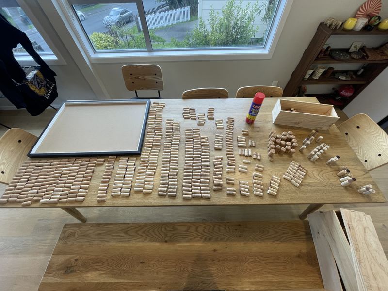 Components of the new wine cork notice board pre-assembly